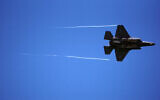 An IAF F-35I fighter jet takes part in an independence day airshow, in Tel Aviv on April 26, 2023 (Emanuel Fabian/Times of Israel)