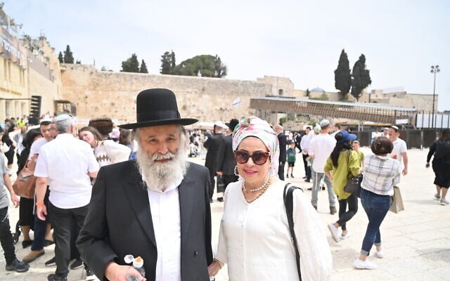 Edna and Yitzhak Hananyah after attending Birkat Kohanim in Jerusalem, Israel, on April 9, 2023. (Canaan Lidor) Edna and Yitzhak Hananyah after attending Birkat Kohanim in Jerusalem, Israel, on April 9, 2023. (Canaan Lidor)