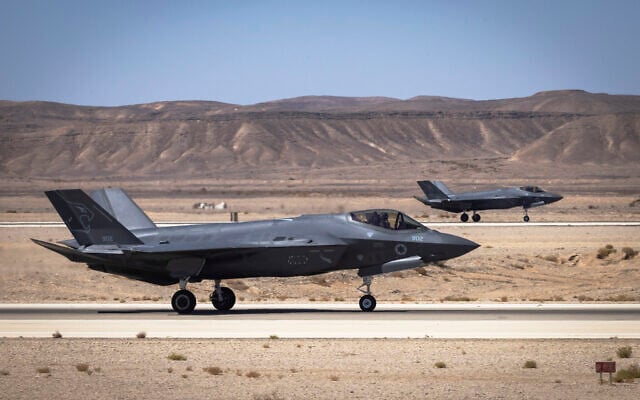 Illustrative: An Israeli Air Force F-35 fighter jet seen during the 'Blue Flag,' an international aerial training exercise at the Ovda air force base, southern Israel, October 24, 2021. (Olivier Fitoussi/Flash90) Illustrative: An Israeli Air Force F-35 fighter jet seen during the 'Blue Flag,' an international aerial training exercise at the Ovda air force base, southern Israel, October 24, 2021. (Olivier Fitoussi/Flash90)