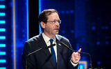 President Isaac Herzog attends a ceremony in Tel Aviv, March 13, 2023. (Avshalom Sassoni/ Flash90)