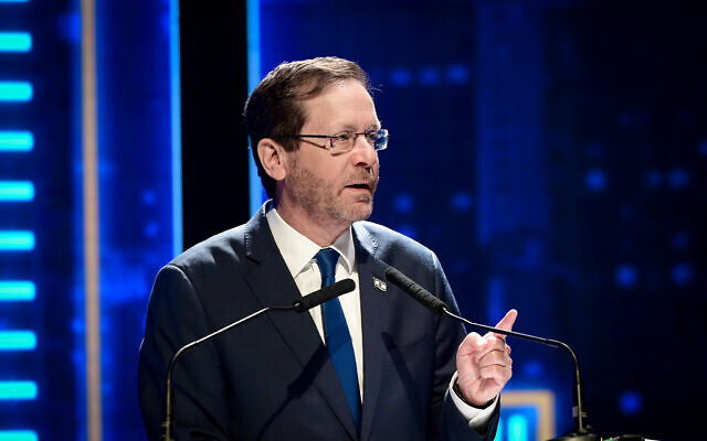 President Isaac Herzog attends a ceremony in Tel Aviv, March 13, 2023. (Avshalom Sassoni/ Flash90)