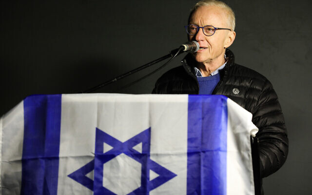 Author David Grossman speaks at a protest against the government's planned judicial overhaul, outside the President's Residence in Jerusalem, on April 1, 2023. (Noam Revkin Fenton/Flash90) Author David Grossman speaks at a protest against the government's planned judicial overhaul, outside the President's Residence in Jerusalem, on April 1, 2023. (Noam Revkin Fenton/Flash90)