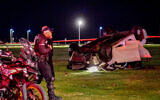 Police at the scene of a car-ramming attack in Tel Aviv, April 7, 2023. (Avshalom Sassoni/Flash90)