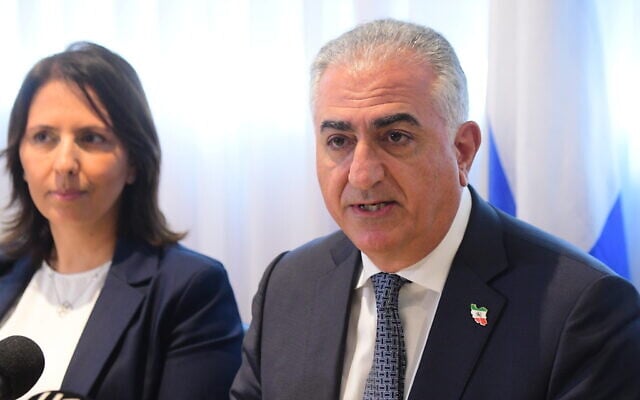 Reza Pahlavi, oldest son of the last Shah of Iran, speaks to reporters in Tel Aviv, alongside Intelligence Minister Gila Gamliel, on April 19, 2023. (Avshalom Sassoni/Flash90) Reza Pahlavi, oldest son of the last Shah of Iran, speaks to reporters in Tel Aviv, alongside Intelligence Minister Gila Gamliel, on April 19, 2023. (Avshalom Sassoni/Flash90)