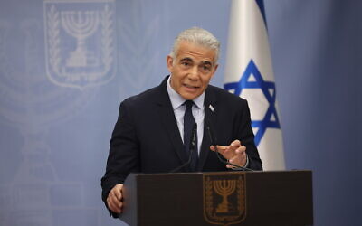 Opposition leader and head of the Yesh Atid party MK Yair Lapid at the Knesset, in Jerusalem, on April 19, 2023. (Yonatan Sindel/Flash90)