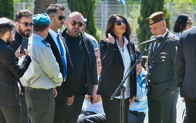 Transportation Minister Miri Regev attends a Memorial Day day ceremony in Holon, April 25, 2023. (Avshalom Sassoni/Flash90) Transportation Minister Miri Regev attends a Memorial Day day ceremony in Holon, April 25, 2023. (Avshalom Sassoni/Flash90)