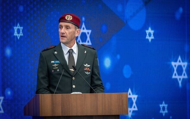 IDF Chief of Staff Herzi Halevi speaks at event for outstanding soldiers as part of Israel's 75th Independence Day celebrations, at the President's residence in Jerusalem on April 26, 2023. (Yonatan Sindel/Flash90) IDF Chief of Staff Herzi Halevi speaks at event for outstanding soldiers as part of Israel's 75th Independence Day celebrations, at the President's residence in Jerusalem on April 26, 2023. (Yonatan Sindel/Flash90)
