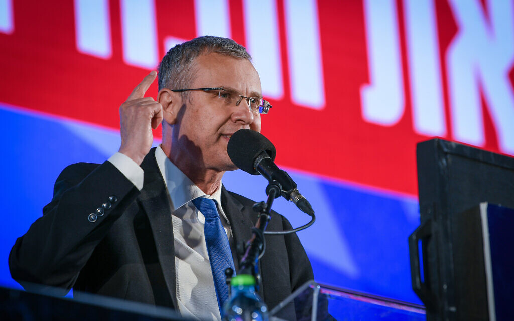 Justice Minister Yariv Levin at a rally in support of the government's planned judicial overhaul outside the Knesset on April 27, 2023. (Arie Leib Abrams/Flash90)