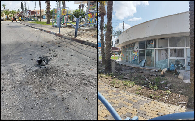 Damage is seen in the town of Shlomi following a rocket attack from Lebanon, April 6, 2023. (Shlomi Security/Courtesy) Damage is seen in the town of Shlomi following a rocket attack from Lebanon, April 6, 2023. (Shlomi Security/Courtesy)