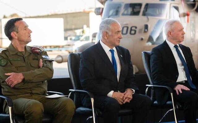 IDF Chief of Staff Herzi Halevi (left), Prime Minister Benjamin Netanyahu (center), and Defense Minister Yoav Gallant, at an army ceremony on April 3, 2023. (Ariel Hermoni/Defense Ministry) IDF Chief of Staff Herzi Halevi (left), Prime Minister Benjamin Netanyahu (center), and Defense Minister Yoav Gallant, at an army ceremony on April 3, 2023. (Ariel Hermoni/Defense Ministry)