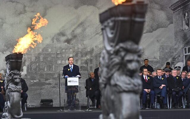 President Isaac Herzog speaks at a commemoration on the 80th anniversary of the Warsaw Ghetto Uprising in Warsaw, Poland on April 19, 2023. (Courtesy of the office of the President of the State of Israel)