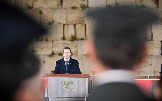 President Isaac Herzog speaks at the beginning of Israel's Memorial Day, at a ceremony at the Western Wall on April 24, 2023. (Kobi Gideon/GPO) President Isaac Herzog speaks at the beginning of Israel's Memorial Day, at a ceremony at the Western Wall on April 24, 2023. (Kobi Gideon/GPO)