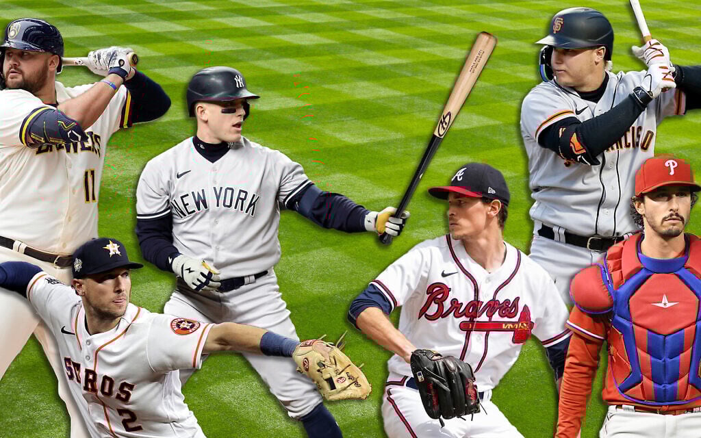 From left to right: Rowdy Tellez, Alex Bregman, Harrison Bader, Max Fried, Joc Pederson, Garrett Stubbs. (Getty Images; design by Mollie Suss via JTA) From left to right: Rowdy Tellez, Alex Bregman, Harrison Bader, Max Fried, Joc Pederson, Garrett Stubbs. (Getty Images; design by Mollie Suss via JTA)