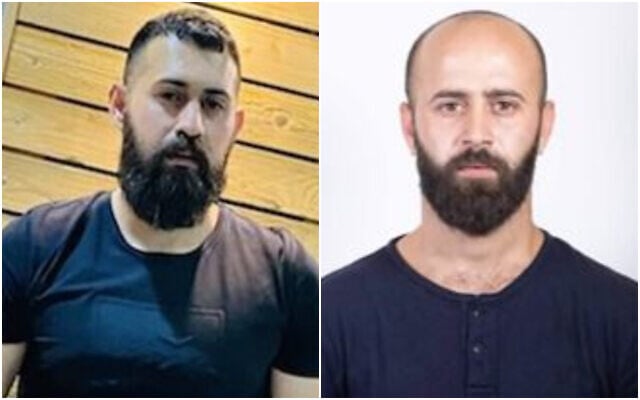 Yousef Mansour (right) and Marsil Mansour, arrested by security services for suspected serious security offenses, April 17, 2023. (Shin Bet) Yousef Mansour (right) and Marsil Mansour, arrested by security services for suspected serious security offenses, April 17, 2023. (Shin Bet)