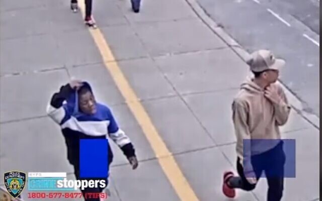 Surevillance camera footage showing a group of teens suspected of two antisemtic attacks in New York on April 7, 2023. (Screenshot/Youtube; used in accordance with Clause 27a of the Copyright Law) Surevillance camera footage showing a group of teens suspected of two antisemtic attacks in New York on April 7, 2023. (Screenshot/Youtube; used in accordance with Clause 27a of the Copyright Law)