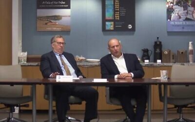 Former prime minister Naftali Bennett (R) briefs reporters at the Washington Institute for Near East Policy alongside TWI scholar David Makovsky on April 18, 2023. (Screen capture/Zoom) Former prime minister Naftali Bennett (R) briefs reporters at the Washington Institute for Near East Policy alongside TWI scholar David Makovsky on April 18, 2023. (Screen capture/Zoom)