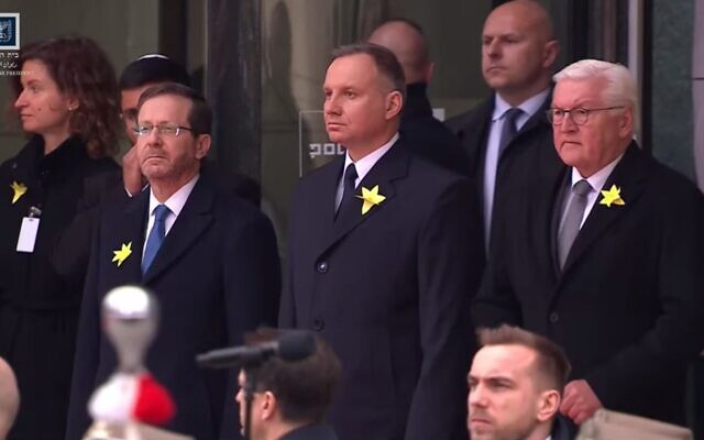 Presidents Isaac Herzog of Israel, Frank-Walter Steinmeier of Germany and Andrzej Duda of Poland at the official ceremony in Warsaw marking the 80th anniversary of the Warsaw Ghetto Uprising on April 19, 2023. (Screen capture/YouTube) Presidents Isaac Herzog of Israel, Frank-Walter Steinmeier of Germany and Andrzej Duda of Poland at the official ceremony in Warsaw marking the 80th anniversary of the Warsaw Ghetto Uprising on April 19, 2023. (Screen capture/YouTube)