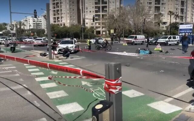 Screen capture from video of the scene of a a fatal traffic collision in Tel Aviv, April 30, 2023. (Magen David Adom) Screen capture from video of the scene of a a fatal traffic collision in Tel Aviv, April 30, 2023. (Magen David Adom)