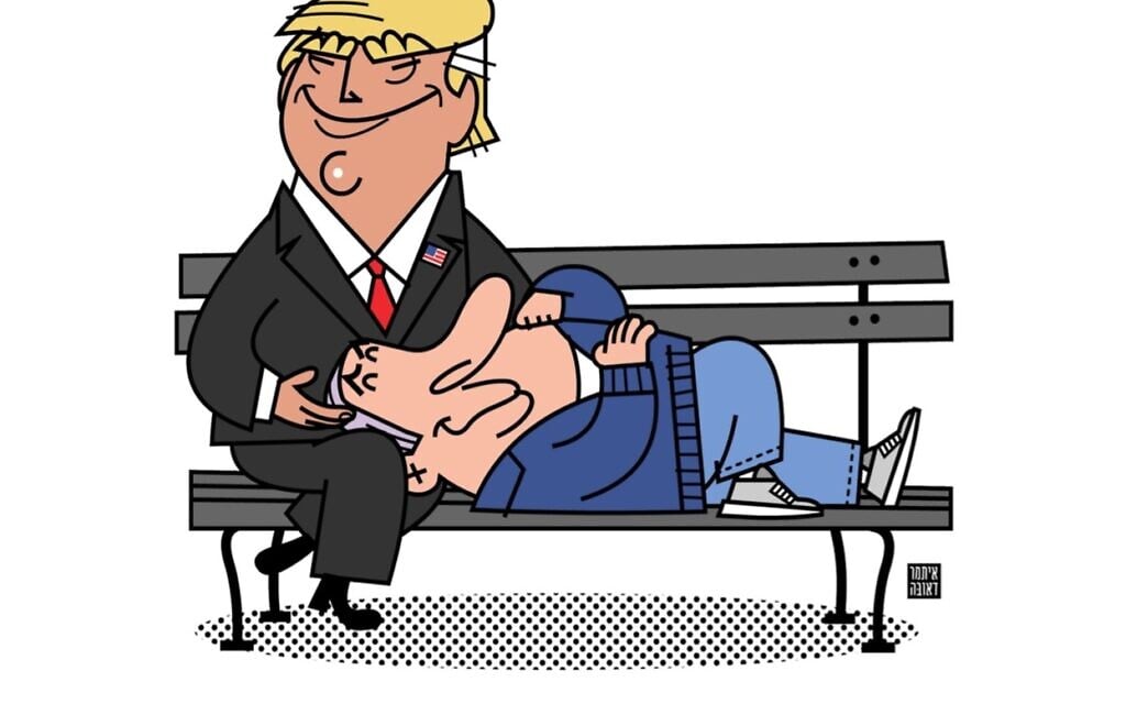 he unexpected election of Donald Trump delighted the Israeli Right. Unlike traditional Republican administrations, Trump identified strongly with Netanyahu’s positions on Jerusalem and the West Bank settlements. This image is based on a photograph of Netanyahu resting his head on the lap of his wife, Sara. (Itamar Daube, Yediot Aharanot  November 12, 2016/Courtesy of Colin Shindler)