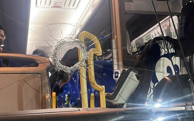 A bus window broken by a rock, allegedly thrown by a resident of the southern Bedouin town of Hura, sometime in March 2023. (Israel Police and Shin Bet security service) A bus window broken by a rock, allegedly thrown by a resident of the southern Bedouin town of Hura, sometime in March 2023. (Israel Police and Shin Bet security service)
