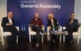 Israeli anti-judicial overhaul protesters participate in a panel at the Jewish Federations of North America's General Assembly conference. L to R: Eric Fingerhut (JFNA president), Yiftach Golov, Ronit Harpaz, Asaf Agmon, Tel Aviv, April 24, 2023. (Jewish Federations of North America/AG)