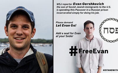Evan Gershkovich, a Moscow correspondent at the Wall Street Journal, has been arrested in Russia and charged with espionage. His colleague Shayndi Raice is calling on Jews to place an empty seat at their seder table as a gesture of support. (Photo of Gershkovich: Dimitar Dilkoff/AFP via Getty Images/JTA; #FreeEvan image via Twitter/JTA)