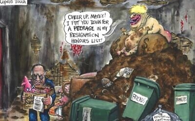 The Guardian has apologized for running a cartoon by Martin Rowson depicting outgoing BBC director Richard Sharp in what critics say used antisemitic imagery and tropes. (Screenshot/The Guardian, used in accordance with clause 27a of the copyright law)