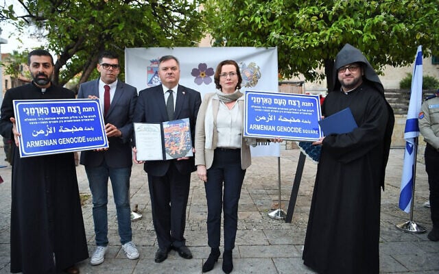 Mayor Einat Kalisch-Rotem and members of the Armenian Christian community of Haifa during the renaming ceremony of the Armenian Genocide Square in Haifa, Israel on March 20. (Haifa Municipality) Mayor Einat Kalisch-Rotem and members of the Armenian Christian community of Haifa during the renaming ceremony of the Armenian Genocide Square in Haifa, Israel on March 20. (Haifa Municipality)