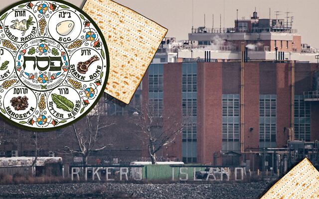 A general view shows the Rikers Island jail complex in the East River of New York, from Queens, on January 13, 2022, with a Passover seder and matzah illustration. (Ed JONES/Getty Images/ Illustration by Mollie Suss via JTA)