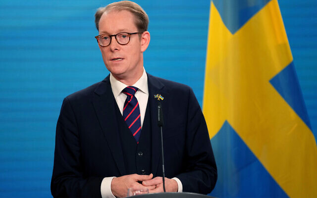 The foreign minister of Sweden, Tobias Billstrom, addresses the media during a press conference in Berlin, Germany, November 10, 2022. (AP Photo/Michael Sohn, File) The foreign minister of Sweden, Tobias Billstrom, addresses the media during a press conference in Berlin, Germany, November 10, 2022. (AP Photo/Michael Sohn, File)
