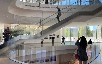 A staircase that looks as if it's floating, at the Museum of Tolerance Jerusalem, April 27, 2023. (Sue Surkes/Times of Israel)