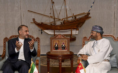 File: Oman's Foreign Minister Sayyid Badr bin Hamad bin Hamood Albusaidi (R) meets with his Iranian counterpart, Hossein Amir-Abdollahian, in Muscat, on April, 25, 2023. (AFP)
