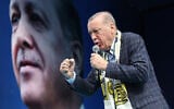 Turkey's President Recep Tayyip Erdogan delivers a speech during an election campaign rally in Ankara, on April 30, 2023. (Adem ALTAN/AFP)