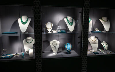 This photograph taken on May 8, 2023 shows jewelry by Bulgari in display cases during a press preview of the 'World of Heidi Horten' sales by Christie's auction house in Geneva. (Fabrice CoffriniI/AFP)