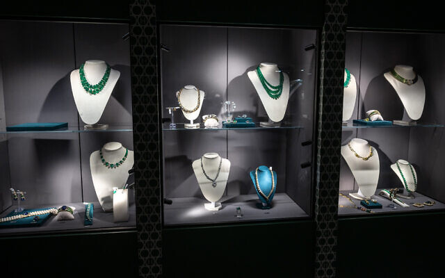 This photograph taken on May 8, 2023 shows jewelry by Bulgari in display cases during a press preview of the 'World of Heidi Horten' sales by Christie's auction house in Geneva. (Fabrice CoffriniI/AFP)