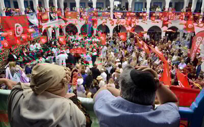 Jewish worshippers attend the annual Jewish pilgrimage at the El Ghriba synagogue in Tunisia's southern resort island of Djerba, on May 8, 2023. (YASSINE MAHJOUB / AFP)