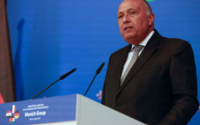 Egypt's Foreign Minister Sameh Shoukry addresses a joint press conference to comment on the Ministerial Meeting on the Middle East Peace Process, on May 11, 2023 at the Foreign Office in Berlin. (Odd ANDERSEN /AFP/ File) Egypt's Foreign Minister Sameh Shoukry addresses a joint press conference to comment on the Ministerial Meeting on the Middle East Peace Process, on May 11, 2023 at the Foreign Office in Berlin. (Odd ANDERSEN /AFP/ File)