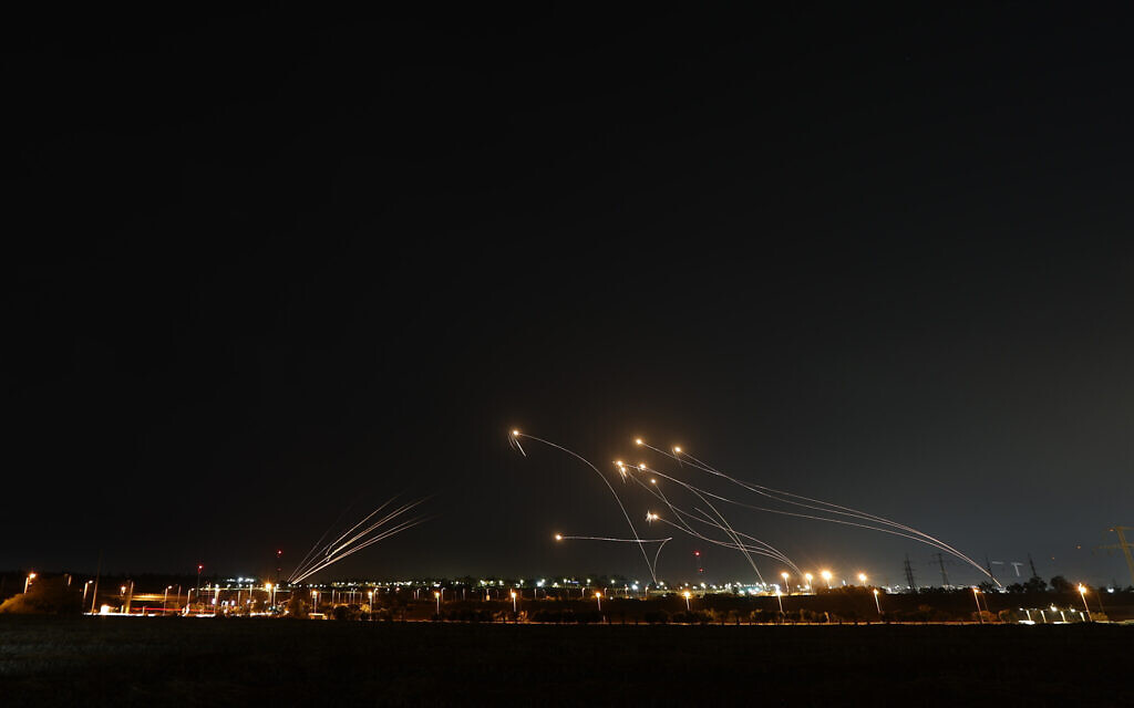 File - the Iron Dome defense system intercepts rockets launched from the Gaza strip, on May 11, 2023, over the southern city of Sderot. (Jack Guez/AFP)