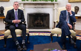 US President Joe Biden meets with US House Speaker Kevin McCarthy (R-CA) (L) about the debt ceiling, in the Oval Office of the White House in Washington, on May 22, 2023. (Saul Loeb/AFP)