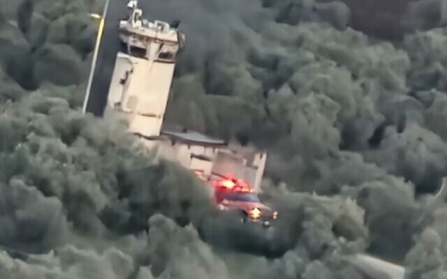 An emergency vehicle is seen at an IDF post near the West Bank settlement of Mevo Dotan on May 1, 2023, after Palestinians threw Molotov cocktails at it. (courtesy) An emergency vehicle is seen at an IDF post near the West Bank settlement of Mevo Dotan on May 1, 2023, after Palestinians threw Molotov cocktails at it. (courtesy)