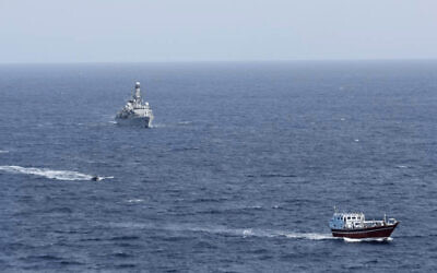 Ilustrative -- In this photo released by Combined Maritime Forces, a boarding team from a British royal navy vessel, the HMS Montrose, transits towards a stateless dhow, a traditional cargo ship that plies the Persian Gulf and surrounding waters, in the northern Arabian Sea, Oct. 14, 2020 (Combined Maritime Forces via AP)