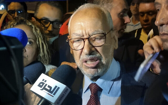 Leader of the Ennahdha party, Rached Ghannouchi, speaks to the media after he was freed by the Tunisia's anti-terrorism unit in Tunis, Tunisia, Tuesday, July 19, 2022 (AP Photo/Hassene Dridi, File) Leader of the Ennahdha party, Rached Ghannouchi, speaks to the media after he was freed by the Tunisia's anti-terrorism unit in Tunis, Tunisia, Tuesday, July 19, 2022 (AP Photo/Hassene Dridi, File)