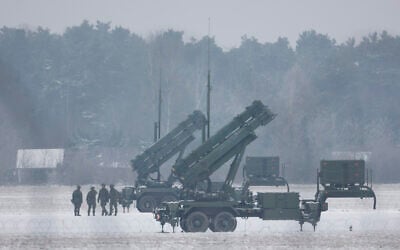 Patriot missile launchers acquired from the US are seen deployed in Warsaw, Poland, on February 6, 2023. (Michal Dyjuk/AP) Patriot missile launchers acquired from the US are seen deployed in Warsaw, Poland, on February 6, 2023. (Michal Dyjuk/AP)