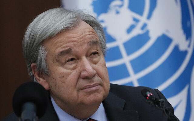 United Nations Secretary-General Antonio Guterres speaks to reporters during a news conference, in Baghdad, Iraq, March 1, 2023. (Hadi Mizban/AP) United Nations Secretary-General Antonio Guterres speaks to reporters during a news conference, in Baghdad, Iraq, March 1, 2023. (Hadi Mizban/AP)