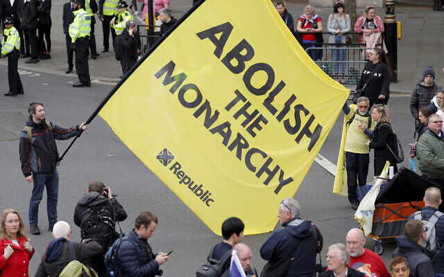 Anti-monarchy protesters demonstrate on the day of the coronation ceremony for Britain's King Charles III in London, Britain Saturday, May 6, 2023. (Piroschka van de Wouw/Pool Photo via AP)