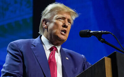 Former US president Donald Trump speaks at the National Rifle Association Convention in Indianapolis, on April 14, 2023. (Michael Conroy/AP)