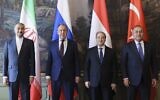Iran's Foreign Minister Hossein Amirabollahian, left, Russia's Foreign Minister Sergey Lavrov, second left, Syria's Foreign Minister Faisal Mekdad, second right, and Turkey's Foreign Minister Mevlut Cavusoglu pose for a photo prior to their talks in Moscow, May 10, 2023. (Russian Foreign Ministry Press Service via AP)