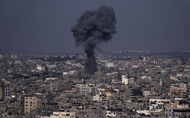 Smoke rises from an Israeli airstrike in Gaza City, May 10, 2023. (AP Photo/Fatima Shbair)
