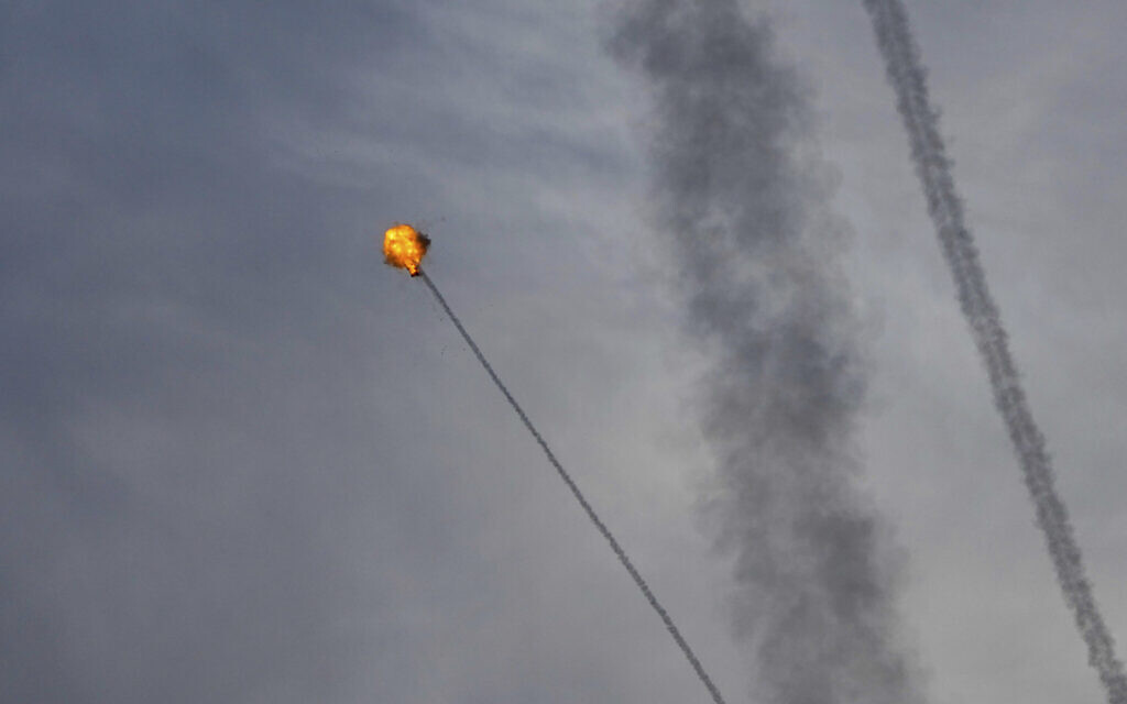 Israel's Iron Dome anti-missile system fires to intercept a rocket launched from the Gaza Strip towards Israel, near Ashkelon, Israel, Thursday, May 11, 2023. (AP Photo/Ariel Schalit)