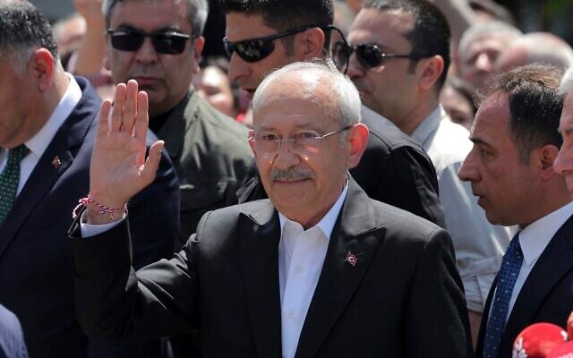 Kemal Kilicdaroglu, the 74-year-old leader of the center-left, pro-secular Republican People's Party, or CHP, waves to his supporters after voting at a polling station in Ankara, Turkey, May 14, 2023. (AP Photo) Kemal Kilicdaroglu, the 74-year-old leader of the center-left, pro-secular Republican People's Party, or CHP, waves to his supporters after voting at a polling station in Ankara, Turkey, May 14, 2023. (AP Photo)